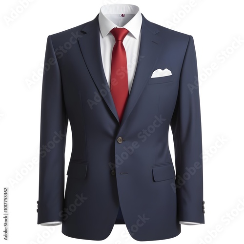 A navy blue suit jacket with a white shirt and red tie