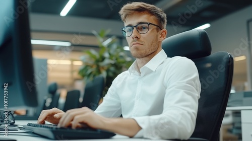 Young Professional Working at a Modern Office Desk with Focused Expression, AI