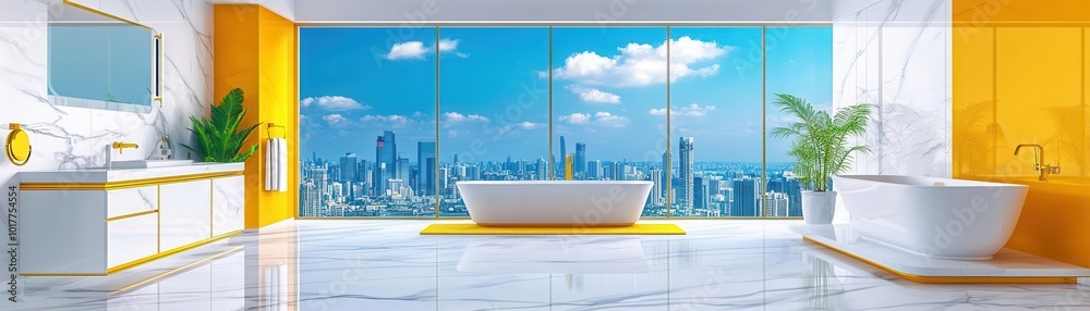Fototapeta premium Luxury loft with marble floors, gold accents, and a glass-walled bathroom overlooking the city, Contemporary, 3D, bright white and gold tones
