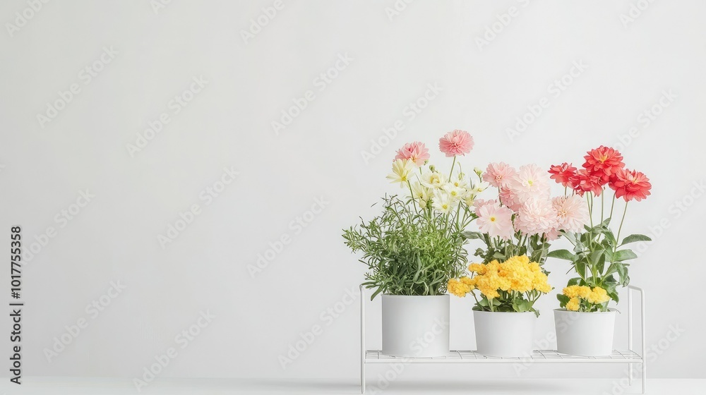 Minimalistic metal flower rack with blooming flowers in pastel colors, isolated on a clean white backdrop. Minimalistic metal flower rack with blooming flowers in pastel colors, isolated on a clean white backdrop.