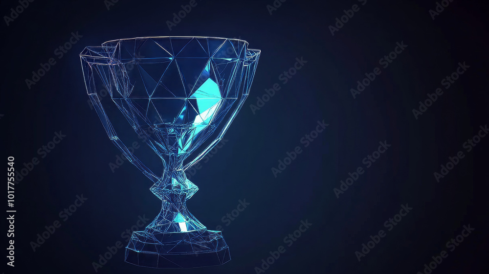 A shiny, modern trophy cup with a futuristic design, set against a dark blue background. It represents a championship victory and is perfect for a winning team or individual.low poly wireframe. A shiny, modern trophy cup with a futuristic design, set against a dark blue background. It represents a championship victory and is perfect for a winning team or individual.low poly wireframe.