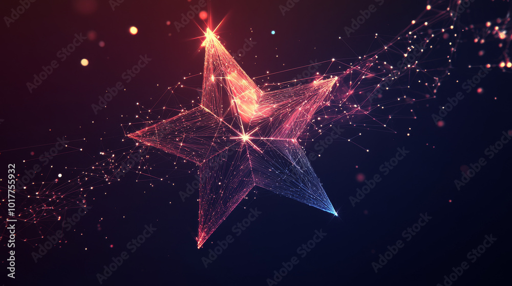 A shiny, star-shaped symbol with a tail of twinkling stars, lines, and triangles. It represents success and winning, with a futuristic design.low poly wireframe. A shiny, star-shaped symbol with a tail of twinkling stars, lines, and triangles. It represents success and winning, with a futuristic design.low poly wireframe.