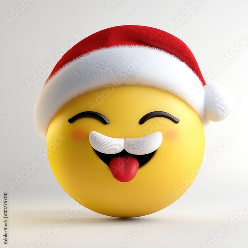 A cheerful holiday emoji wearing a Santa hat and displaying joy in a bright, festive atmosphere during the Christmas season photo