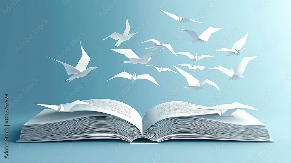 Opened book with paper birds taking flight, symbolizing the growth and spread of knowledge and ideas. Opened book with paper birds taking flight, symbolizing the growth and spread of knowledge and ideas.