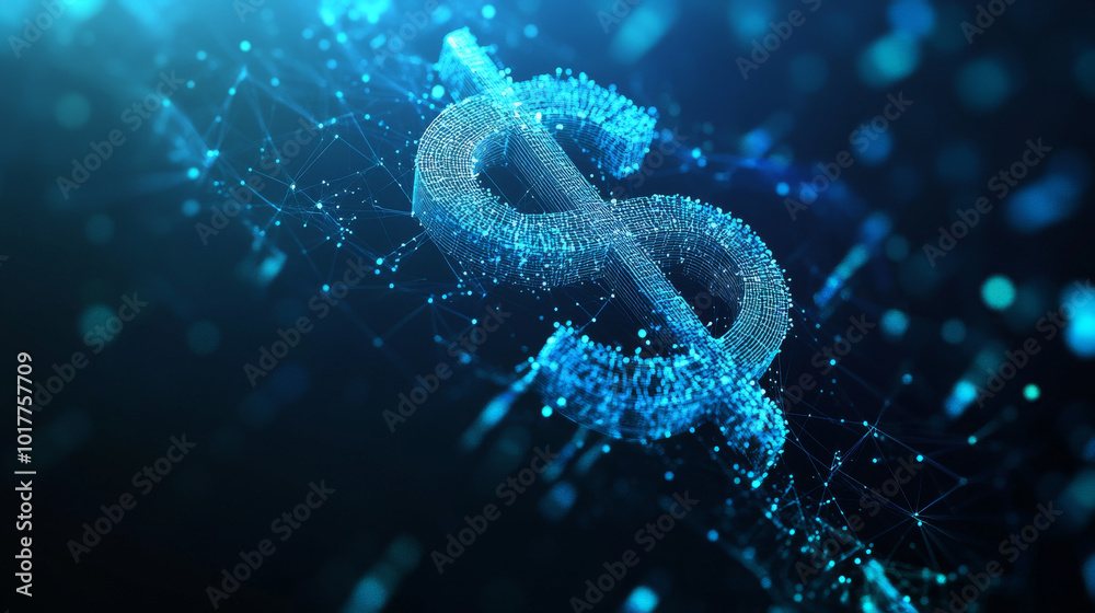 A futuristic design showing a dollar sign and arrows, made of glowing lines and dots, against a dark blue background.low poly wireframe. A futuristic design showing a dollar sign and arrows, made of glowing lines and dots, against a dark blue background.low poly wireframe.