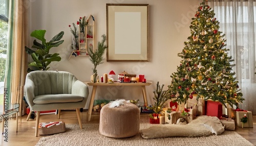 Amazing and cozy christmas living room interior with shelf, boucle armchair, pouf, mock up poster, christmas tree, gifts, decoration, lights, big window and elegant accessories. Family time. Template.