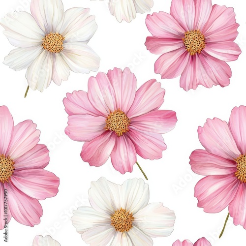 Vibrant color, minimalist watercolor cosmos flowers in soft pink and white, arranged on a light cream background, seamless design 