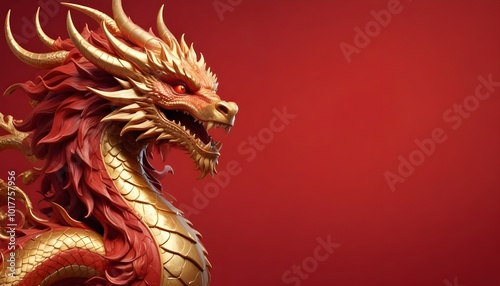 A golden dragon with intricate scales and flowing mane against a vibrant red background