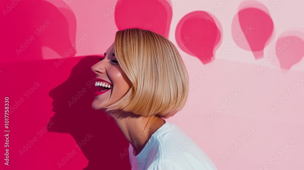Vibrant Portrait of Joy: A Smiling Woman Against a Colorful Background Vibrant Portrait of Joy: A Smiling Woman Against a Colorful Background