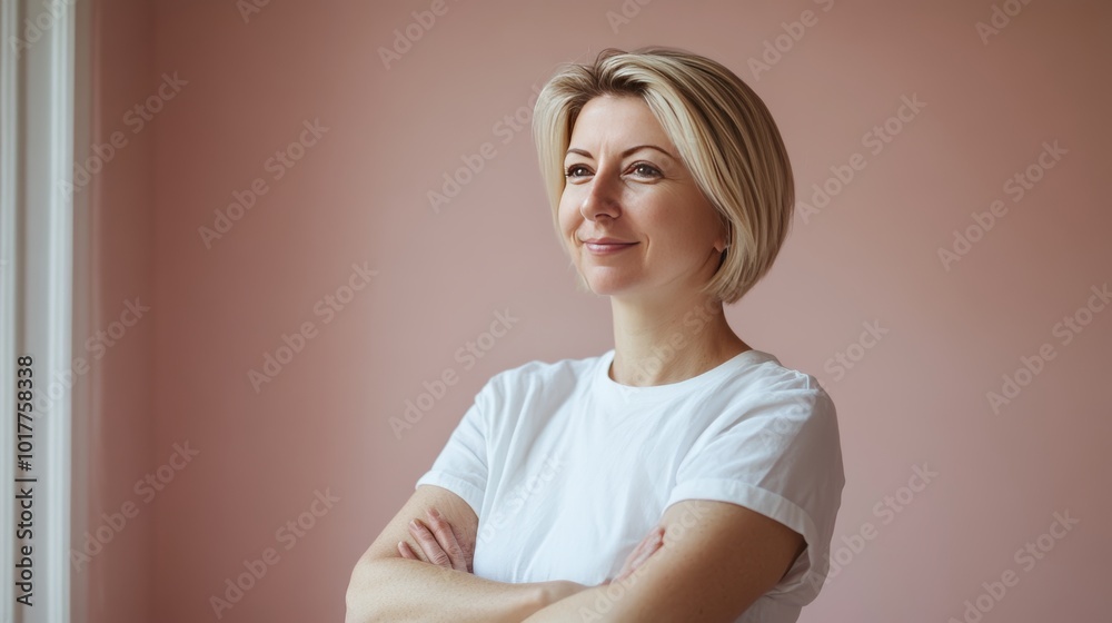 Fototapeta premium Captivating Portrait of a Confident Woman in Soft Light Against a Pink Background