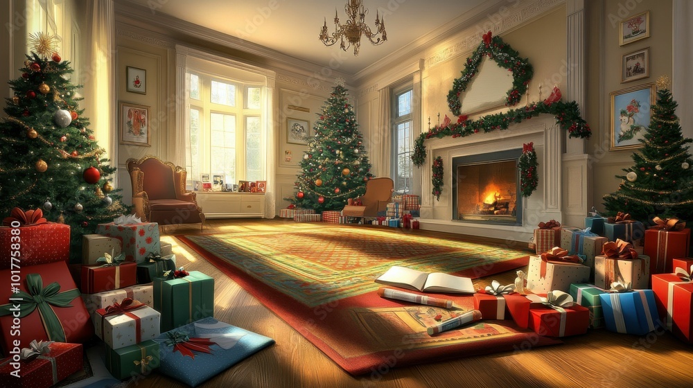A warm and festive living room with decorated Christmas trees, a glowing fireplace, and a collection of wrapped gifts, perfect for holiday celebrations.. A warm and festive living room with decorated Christmas trees, a glowing fireplace, and a collection of wrapped gifts, perfect for holiday celebrations..