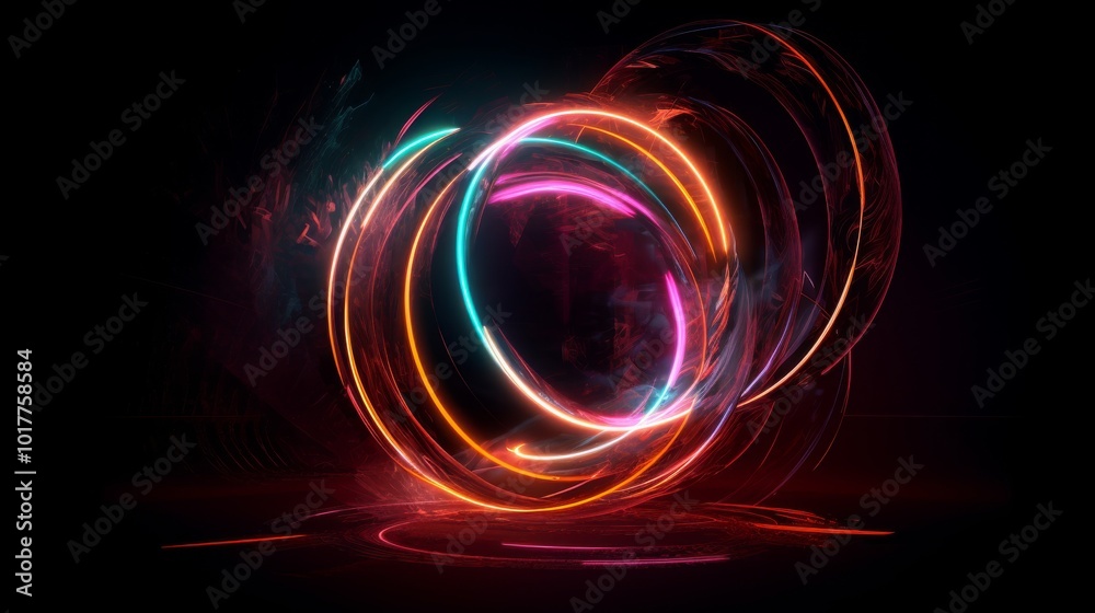 Obraz premium Abstract background with glowing neon circles rotating and creating fire smoke effect