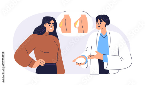 Breast augmentation, plastic surgery consultation and preparation. Doctor consulting female patient about implant increase, aesthetic lifting. Flat vector illustration isolated on white background