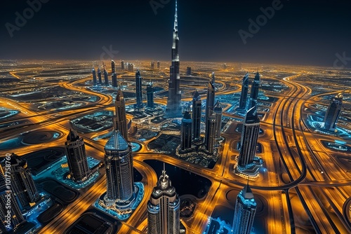 Dubai skyline at sunset with traffic - aerial view, United Arab Emirates