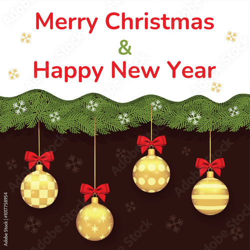 Beautiful gold christmas balls with glitter and red bow hang on the Christmas tree. Background for Happy New Year and Merry Christmas design. Vector realistic