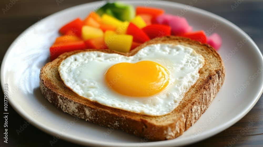 Perfect heart-shaped fried egg on artisanal toast, breakfast plate with colorful veggies. Perfect heart-shaped fried egg on artisanal toast, breakfast plate with colorful veggies.