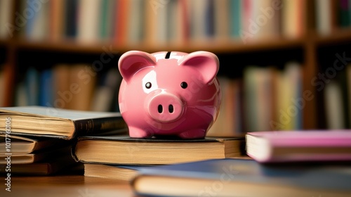 Pink piggy bank surrounded by books, symbolizing educational funds and smart financial planning.