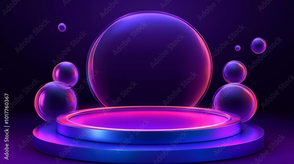 Obraz premium A vibrant, futuristic display featuring glowing spheres and a circular platform, ideal for presentations or events.