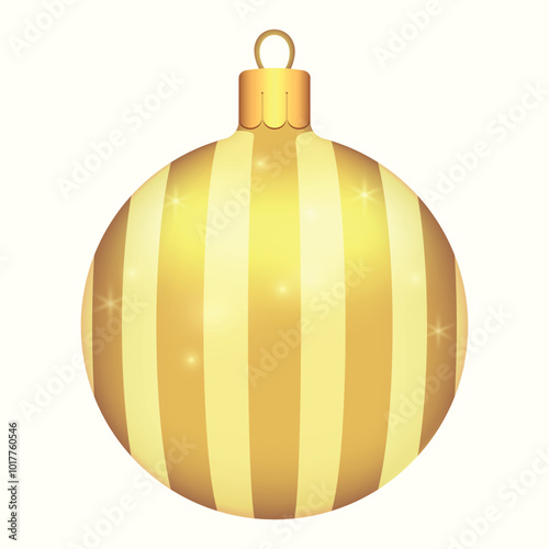 Beautiful gold Christmas balls with stripes patterns on a white background with glitter. Decorations for New Year tree and Christmas design. Vector realistic object Illustration 10 EPS