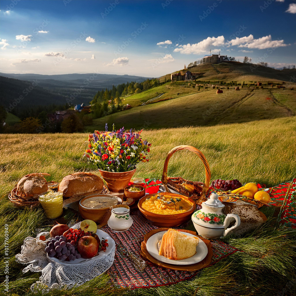 Fototapeta premium Traditional Romanian Easter Picnic Celebration Outdoors