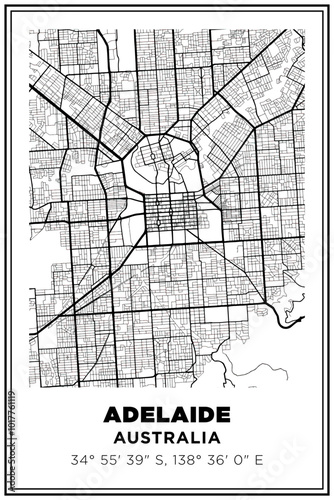 Black and white printable Street map art Adelaide city, Australia. Travel poster with coordinates, poster design, Modern Poster Wall Art Home Decor Ready to Printable