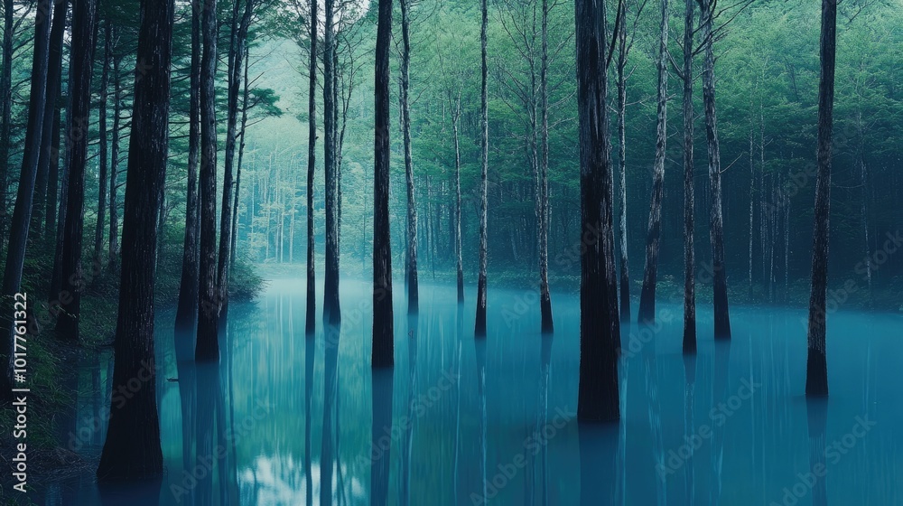 Obraz premium Peaceful Blue Pond in Hokkaido, the unique blue water reflecting the tall, thin tree trunks standing within the pond, set against a lush forest.