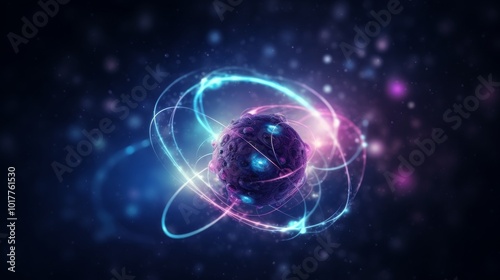 Abstract atom structure with glowing particles is orbiting around core