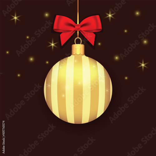 Beautiful gold Christmas balls with stripes and a red bow on a dark background with glitter. Decorations for New Year tree and Christmas design. Vector realistic object Illustration 10 EPS
