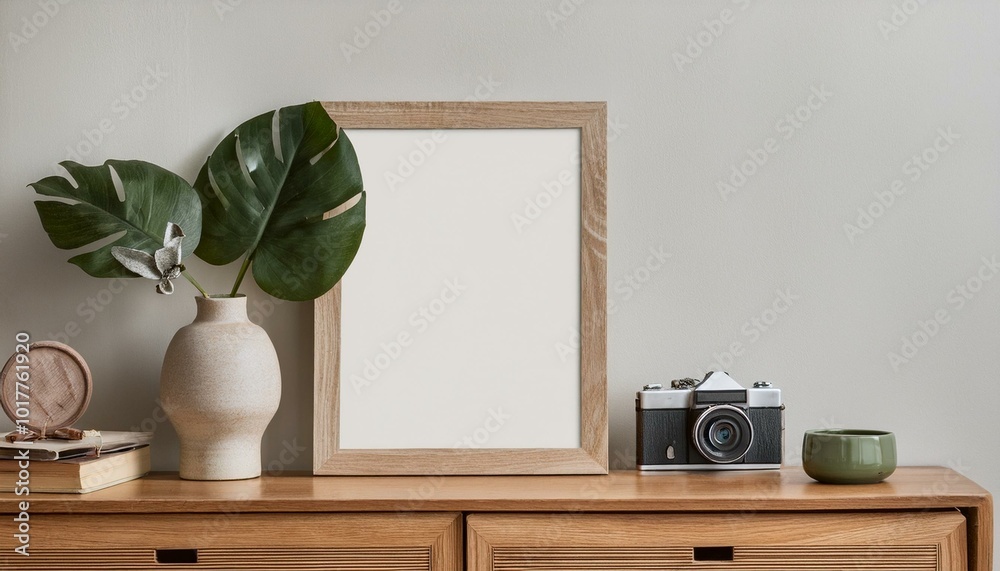 Stylish interior of living room with mock up poster frame, wooden commode, book, leaf in ceramic vase, photo camera and elegant personal accessories. Minimalist concept of home decor. Template.