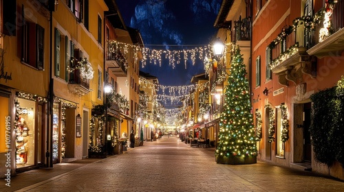 Riva del Garda by night, the town center and streets beautifully decorated with vibrant Christmas lights, creating a festive holiday atmosphere.