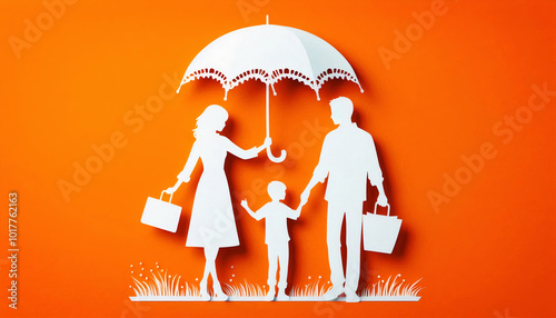 A family of three holding hands under an umbrella, crafted in white paper on an orange background, symbolizing care and protection