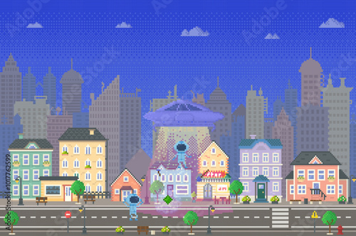 Alien spacecraft hovers above a city street with colourful houses and a vibrant urban skyline as background. People look at the event with amazement. Ideal for sci-fi, urban life, fantasy, childrens