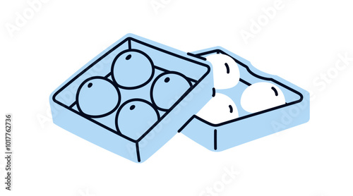 Icebox, tray with round block holes, circle-shaped ice balls. Freezing accessory, plastic container, mold with frozen water. Flat graphic vector illustration isolated on white background
