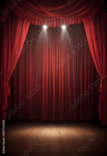 Red curtains on a stage with spotlights shining through, creating a dramatic and theatrical atmosphere