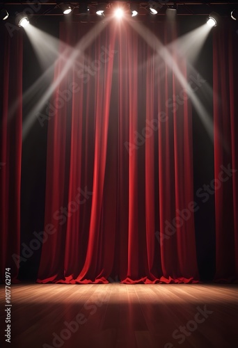 Red curtains on a stage with spotlights shining through, creating a dramatic and theatrical atmosphere