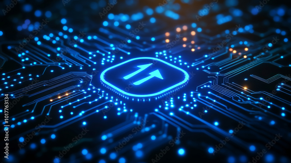 Blue background shows a glowing circuit board with a power icon.It represents a powerful AI chip made of tiny lights.This image could be about computer processors or semiconductors.low poly wireframe. Blue background shows a glowing circuit board with a power icon.It represents a powerful AI chip made of tiny lights.This image could be about computer processors or semiconductors.low poly wireframe.