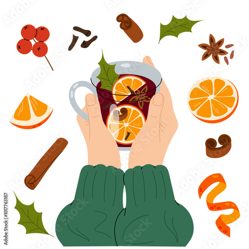 Gluhwein. Cup winter drink in hands. Ingredients for mulled wine. Recipe winter drink. Hot drink with spices and fruits, autumn and winter drinks, traditional food.