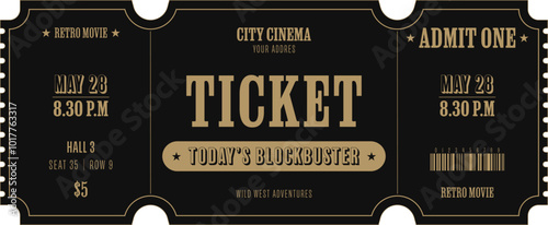 Universal vintage ticket template in golden on a black background. For cinemas, parties, clubs, concerts and other retro events. Vector, printable. Just add your text.	