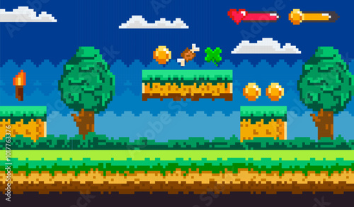 Pixelated video game scene with trees, floating platforms, coins, a torch, and a heart and sword indicator. Ideal for nature themes, adventure, retro gaming, pixel art, and video game design. Classic