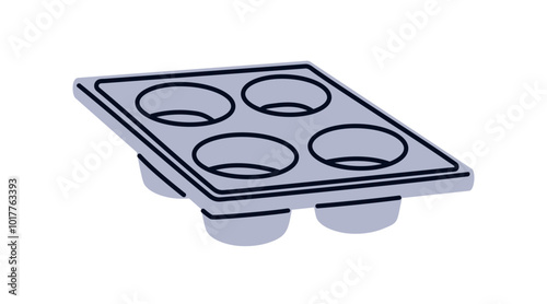Baking tray for muffins and cupcakes. Empty oven pan with round molds for pastry. Silicone bakeware, kitchen accessory, equipment, bakery tool. Flat vector illustration isolated on white background