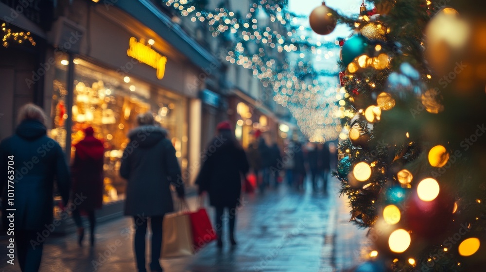 Holiday shoppers explore a festive street adorned with sparkling lights and a decorated tree during the winter season Holiday shoppers explore a festive street adorned with sparkling lights and a decorated tree during the winter season