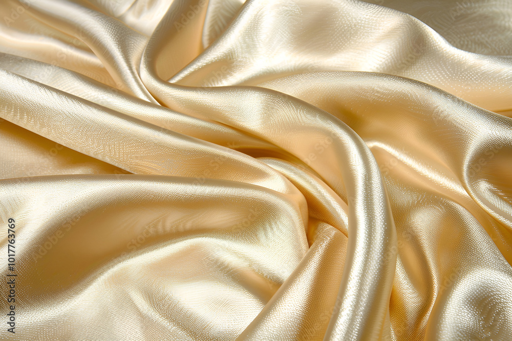 Golden silk and satin fabric with a smooth, luxurious texture, featuring elegant drapery and a shiny, wavy pattern Golden silk and satin fabric with a smooth, luxurious texture, featuring elegant drapery and a shiny, wavy pattern