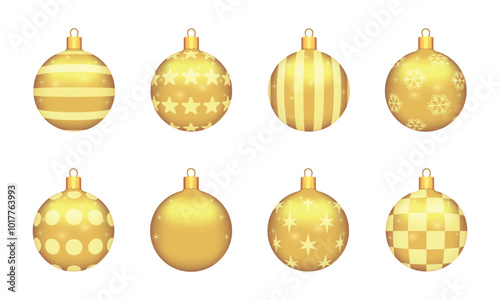 Set of beautiful gold Christmas balls with star, circle, stripes, snowflake and square patterns on white background. Decorations for New Year tree and Christmas design. Vector Illustration