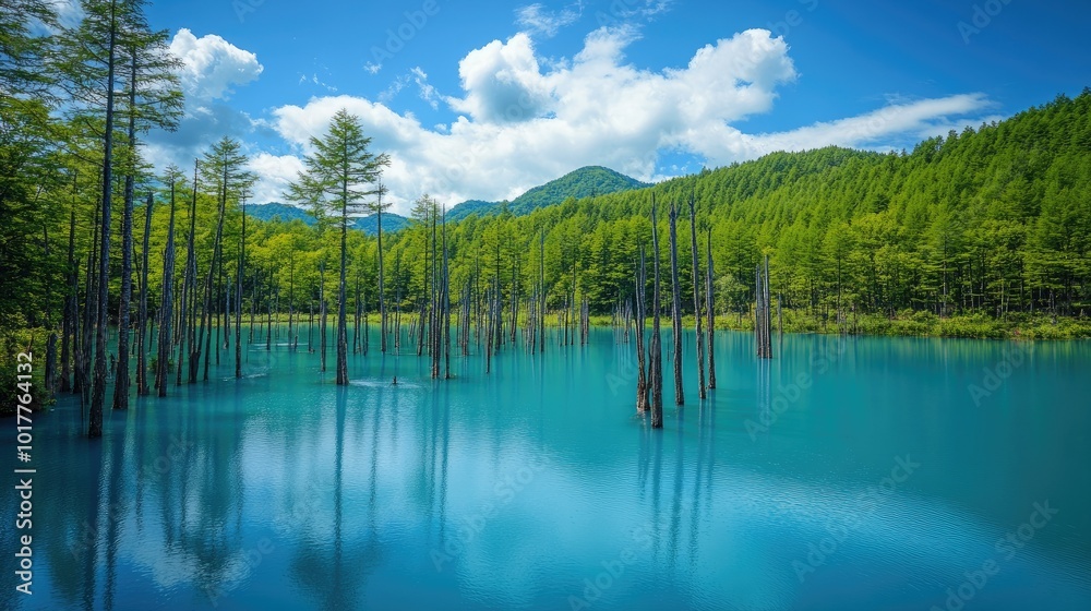 Scenic view of Hokkaido's famous Blue Pond, the striking blue water contrasting with the tall, submerged tree trunks and lush green forest. Scenic view of Hokkaido's famous Blue Pond, the striking blue water contrasting with the tall, submerged tree trunks and lush green forest.