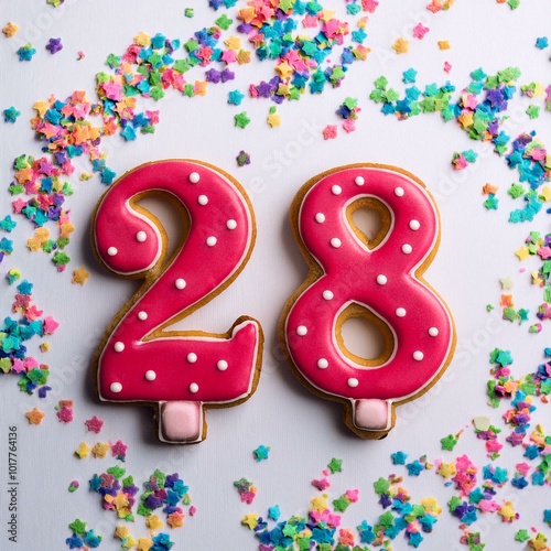 Decorated cookie, number 28, image for birthday or anniversary celebration