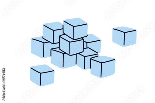 Ice cubes in stack. Frozen water blocks in pile, heap. Icy blocks for cool cold drinks. Clear crystal icecubes, square iceblocks composition. Flat vector illustration isolated on white background