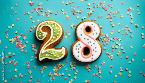 Decorated cookie, number 28, image for birthday or anniversary celebration photo