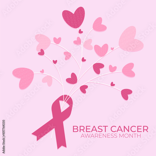 Pink ribbon with hearts for breast cancer awareness month. Vector illustration, card, banner, background, social media post, poster. Campaign, charity. Support, solidarity, care, prevention, concept.