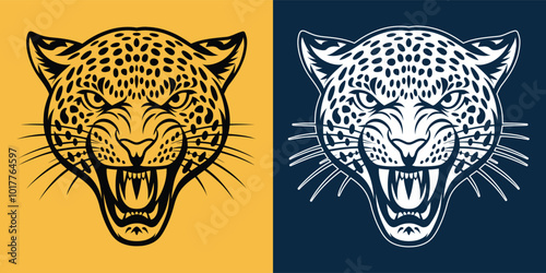 Dynamic Vector Illustration of an Enraged Leopard Head in Two Bold Colors with Fierce Expression