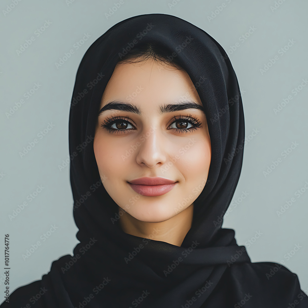 A minimalistic young arabic woman with hijab portrait professional profile picture with soft color background.
